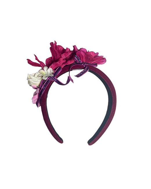 Natalia Petruch Purple Valentina Deep Wine Velvet Flower Headband – Small Faux Flowers With Glitter Ribbon, Handmade Statement Hair Accessory