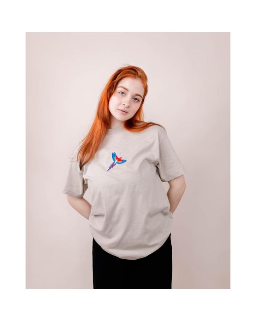 Nooltrends White Neutrals Colourful Parrot Embroidered T-Shirt for men