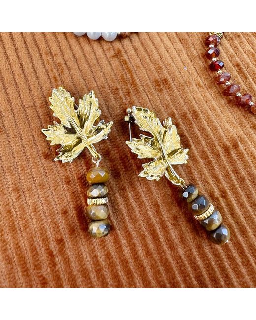 Farra Metallic Maple Leaves Tiger Eye Dangle Statement Earrings