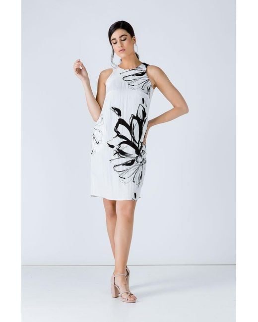 Conquista White Floral Print Sleeveless Sack Dress