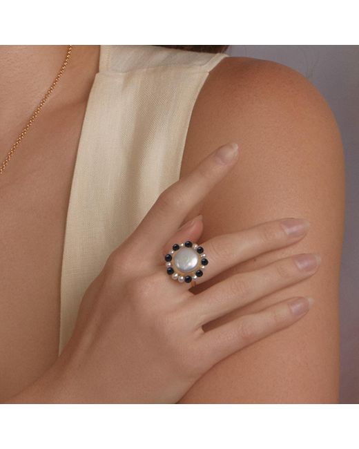 Vintouch Italy Black Lotus Gold-plated Pearl And Onyx Ring