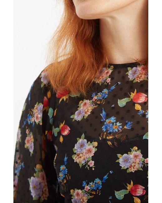 Louche Black Daphne Carpathian Florals Print Shirred Cuff Tie Waist Mini Dress