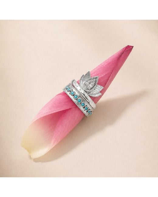 Aurozia Metallic Lotus Within Rhodium Plated Sterling Blooming Lotus Drop Adjustable Open Ring
