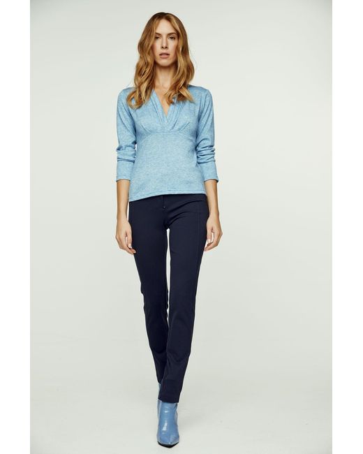Conquista Blue Light Melange Knit V Neck Top