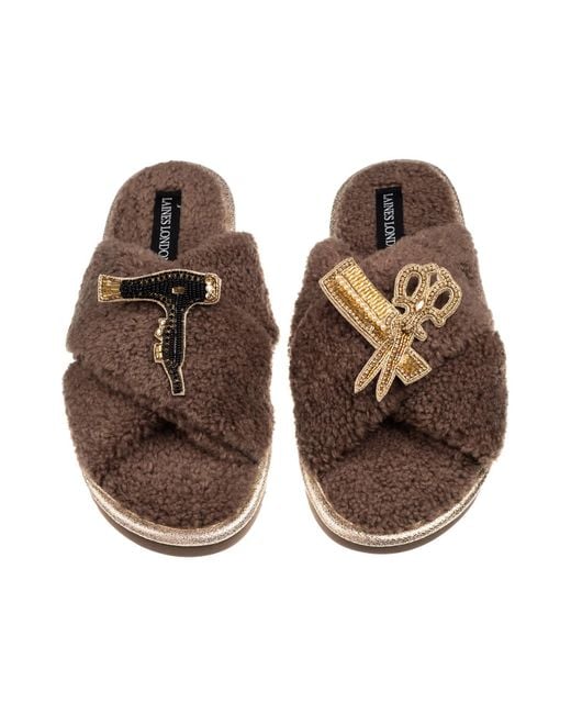 Laines London Brown Neutrals Laines Neutral Boucle Slippers With Hairdresser Brooches
