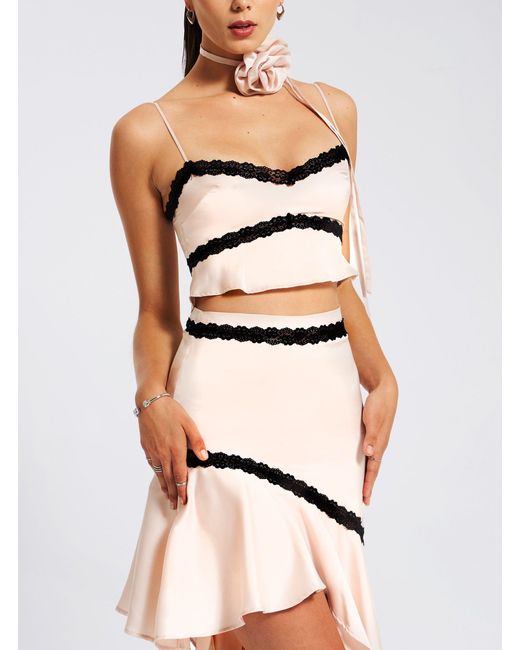 Miss Circle New York Gray Neutrals Yareli Lace Trim Satin Strappy Top