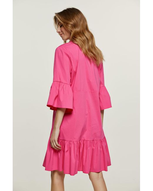 Conquista Pink Fuchsia Bell Sleeve Dress With Ruffle Hem