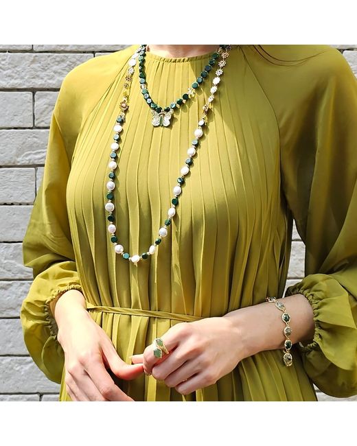 Farra Metallic Coin Shaped Malachite And Freshwater Pearls With Flower Chain Versatile Necklace