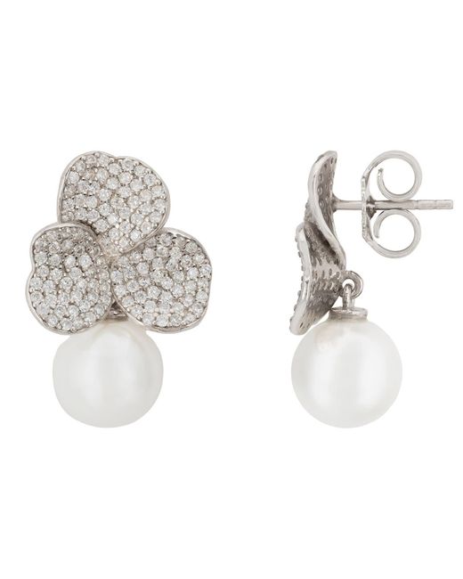 Latelita London Metallic Iris Flower And Pearl Dangle Earrings