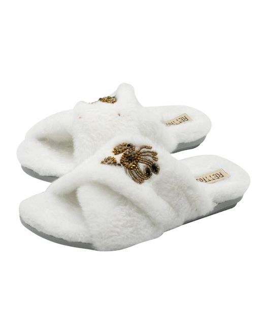 Rettrose White Neutrals Sophie Cream Luxury Plush Diamanté Embellished Handmade Slipper