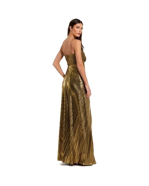 Mac Duggal Brown Sleeveless Metallic Pleated Gown With Flower Accent