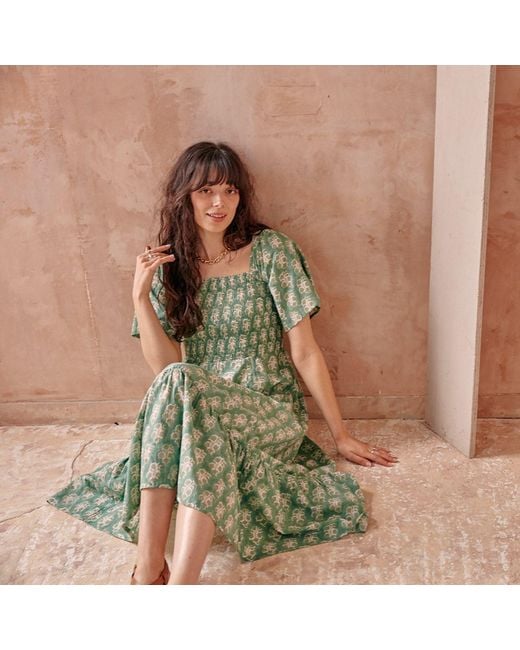LAtelier London Green Block Print Smocked Cotton Midi Dress