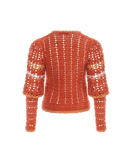Andreeva Red Chrysanthemum Terracotta Handmade Crochet Cardigan