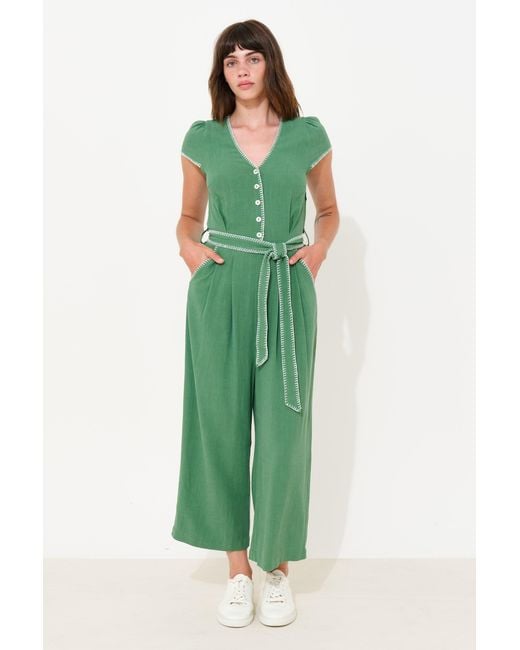 Louche Green Marleen Blanket Stitch Linen Mix Jumpsuit