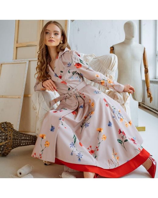 RainSisters Pink Beige Waterproof Trench Coat With Colourful Flower Print: Spring Bloom