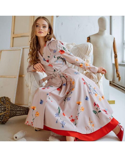 RainSisters Pink Beige Waterproof Trench Coat With Colourful Flower Print: Spring Bloom
