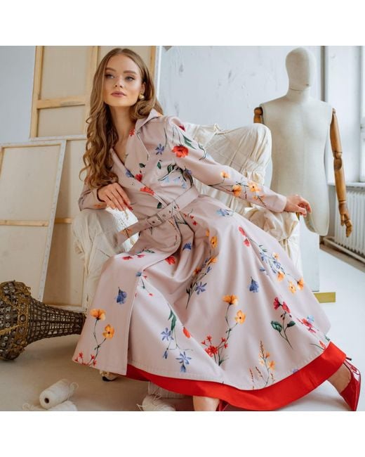 RainSisters Pink Beige Waterproof Trench Coat With Colourful Flower Print: Spring Bloom