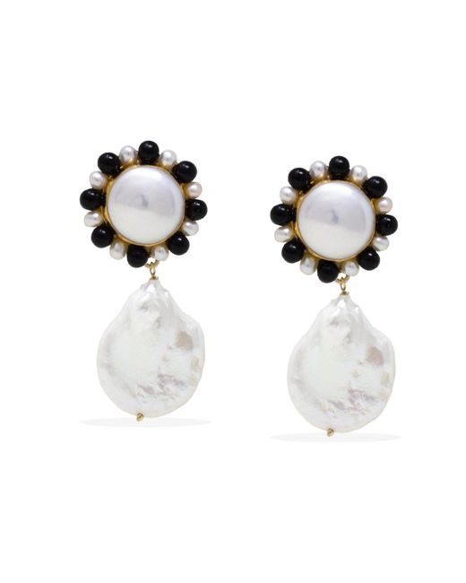 Vintouch Italy White Lotus Gold-plated Pearl And Onyx Earrings