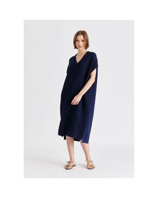 Paisie Blue V-Neck Sleeveless Ribbed Jumper Dress