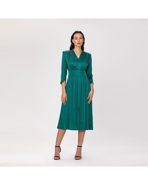Smart and Joy Green Fit-And-Flare Satin And Jacquard Dress