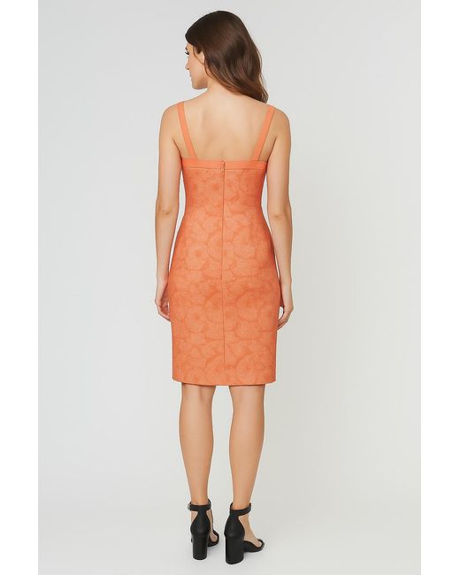 Conquista Multicolor Elegant Coral Jacquard Dress With Structured Notch Neckline
