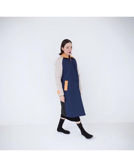 London Atelier Byproduct Blue Neutrals Patchwork Colour Block Quilt Long Jacket