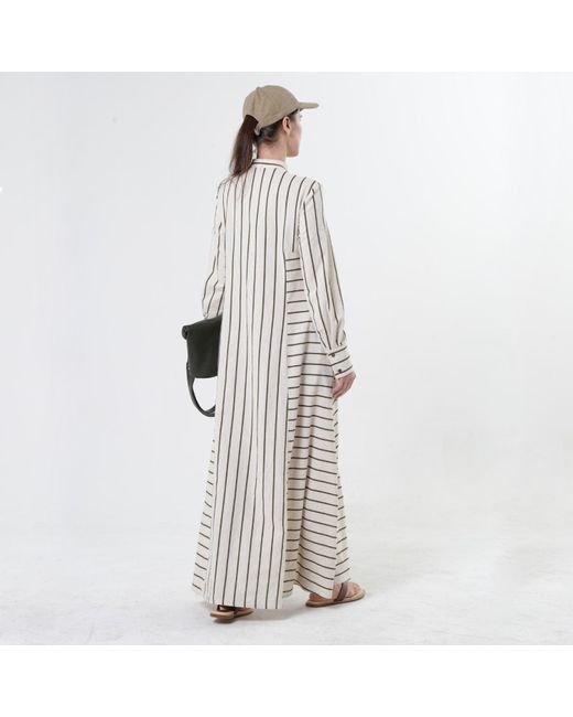Metamorph White Striped Linen-Cotton Maxi Shirt Dress With Buttons- Khaki Stripes