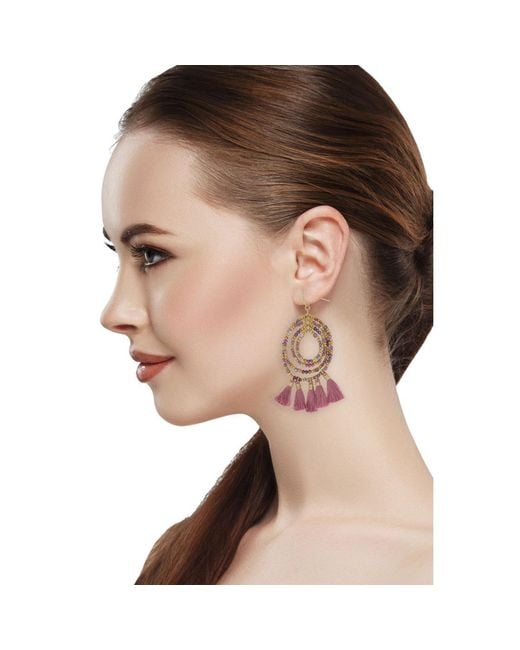 Saachi Metallic Beaded Tassel Hoop Earrings