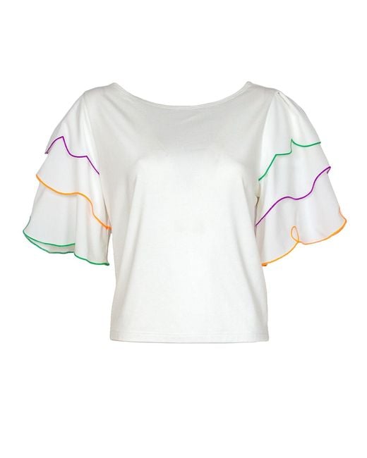 Lalipop Design Blue White Blouse With Laser-cut Colorful Embroidered Sleeves