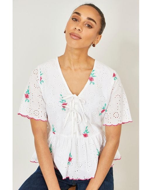 Yumi' White Cotton Broderie Anglaise Embroidered Tie Top