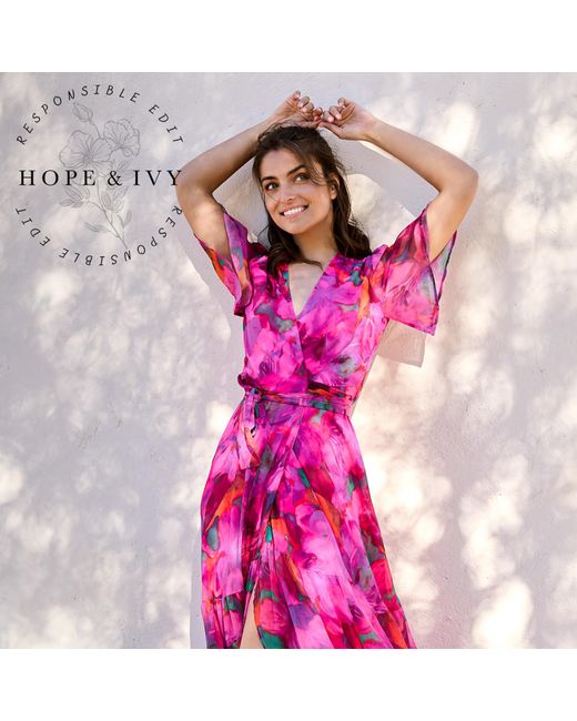 Hope & Ivy Purple The Corinne Flutter Sleeve Maxi Wrap Dress With Tie Waist