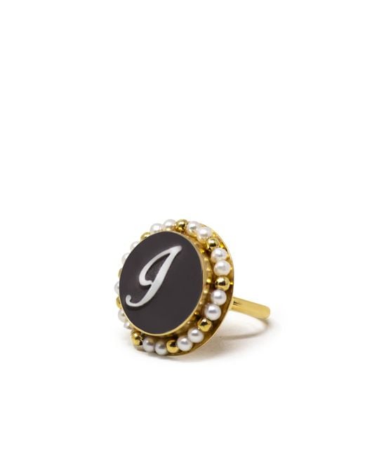 Vintouch Italy Metallic Gold Vermeil Black Cameo Pearl Ring Initial J