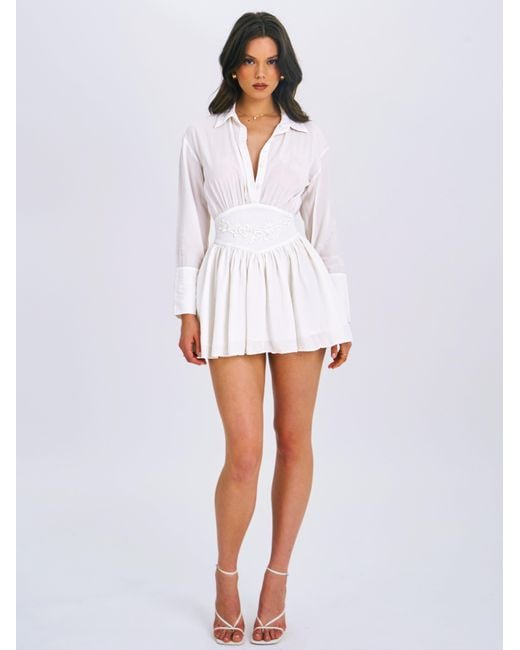 Miss Circle New York White Jamila Shirt Mini Dress With Embroidered Waist Detail
