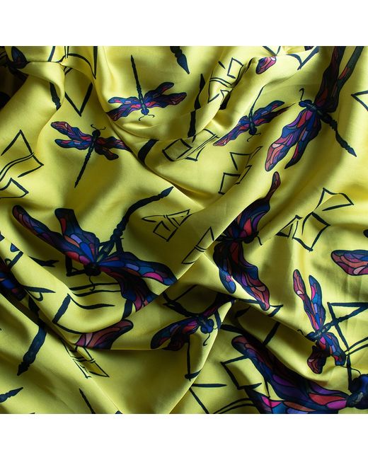 Janara Jones Yellow Dragonfly Print Satin V-Neck Oversized Top