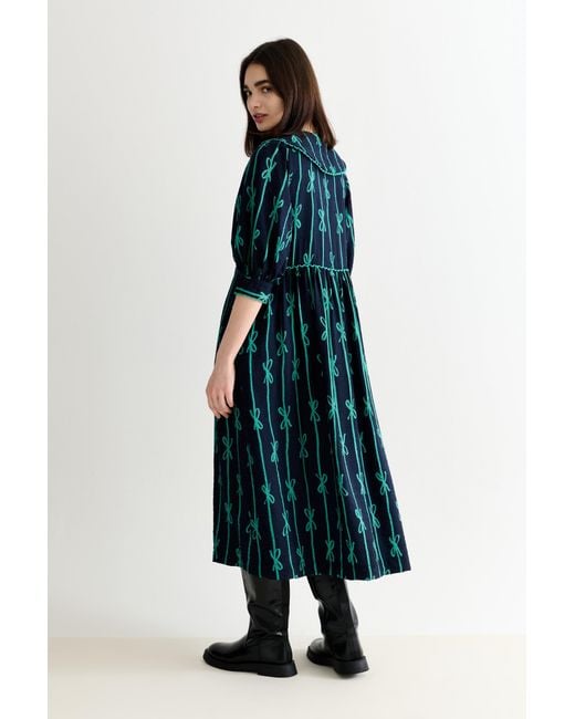 Louche Green Caris Tie Up Statement Collar Three Quarter Sleeve Midi Dress –