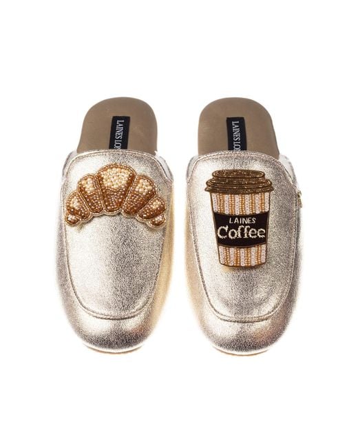 Laines London Metallic Classic Mules With Coffee & Croissant Brooches