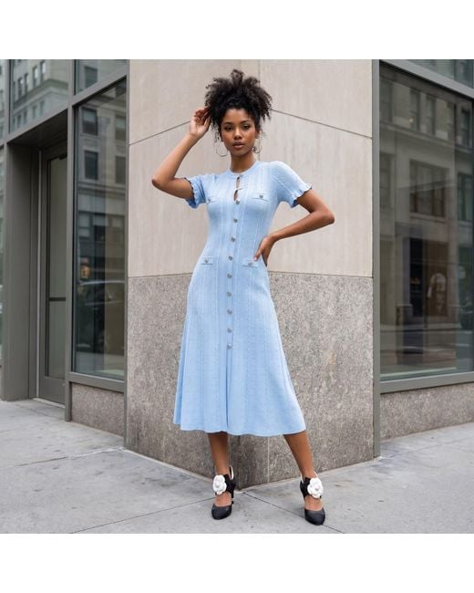Modenaire Blue Knit Midi Dress Sculpted Button Front