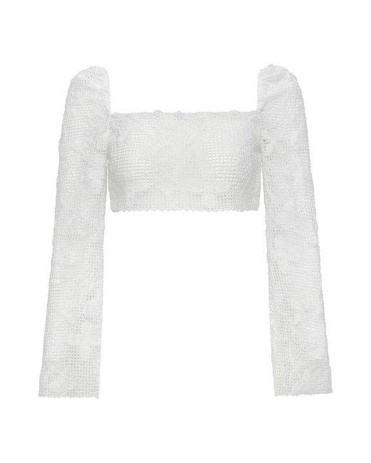 Montce White Margarita Floral Lace Long Sleeve Crop Top
