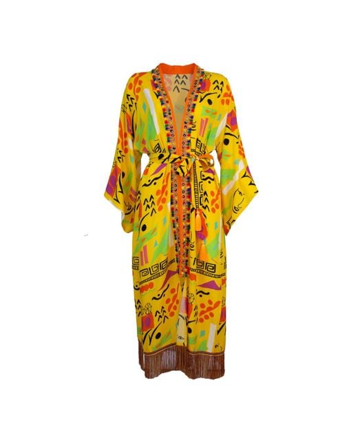 Lalipop Design Yellow Viscose Kimono With Embroidery Border