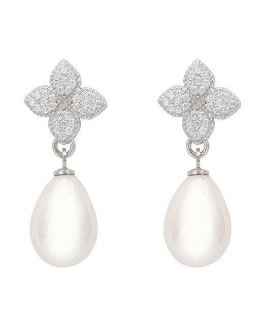 Latelita London White Clover Flower Pearl Drop Cz Earrings