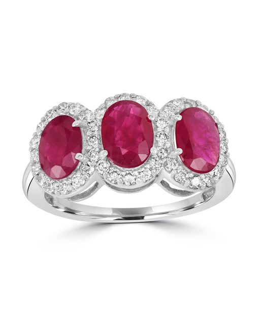 Artisan Pink Three-Stone Ruby & Diamond Halo Band Ring