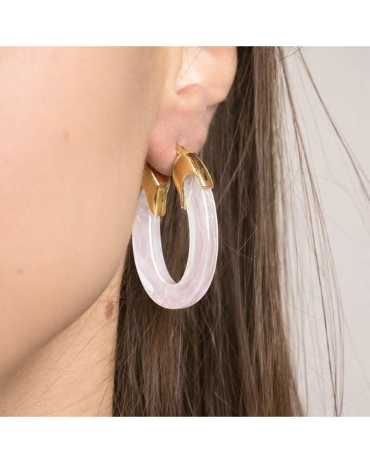 Gold & Honey White Opal Pearl Carved Oval Lucite Birthstone Hoop Earrings
