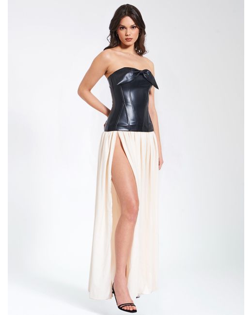 Miss Circle New York White Maayan Vegan Leather Corset High Slit Drop Waist Maxi Dress