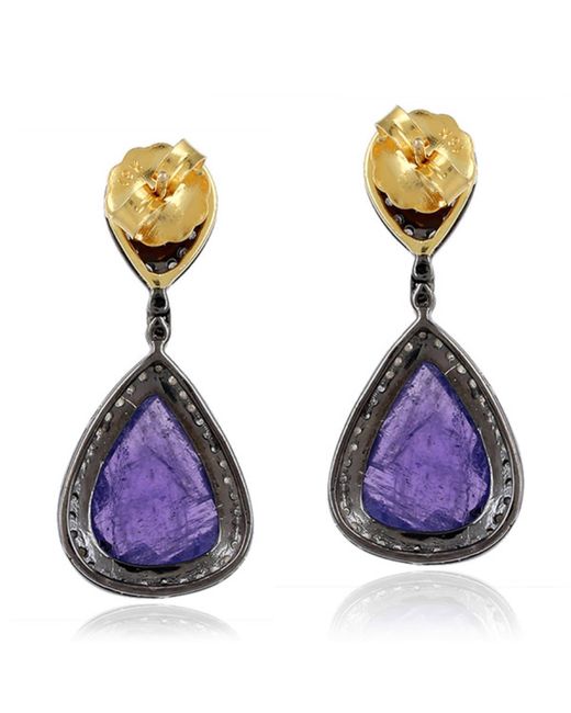 Artisan Purple Gold Silver Tanzanite Tourmaline Dangle Earrings Diamond Gemstone