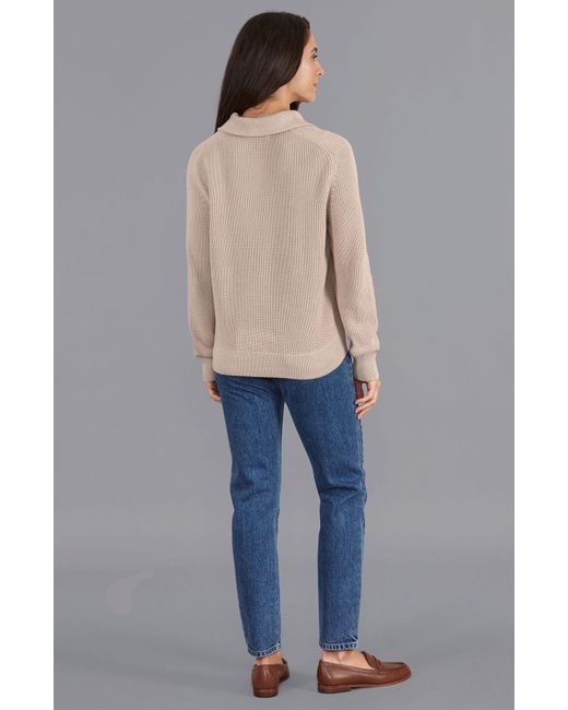 Paul James Knitwear Gray Neutrals Midweight Cotton Caitlyn Troyer Zip Neck Ribbed Jumper