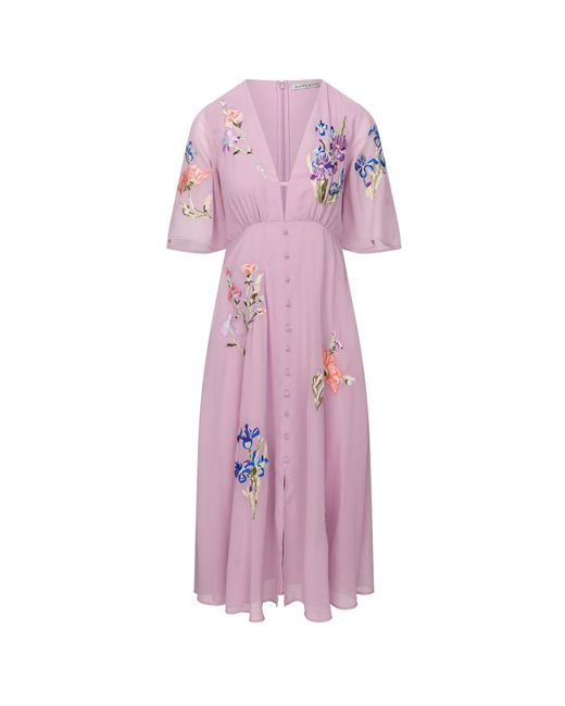 Hope and Ivy Purple The Alma Embroidered Plunge Button Front Flutter Sleeve Midi Dress