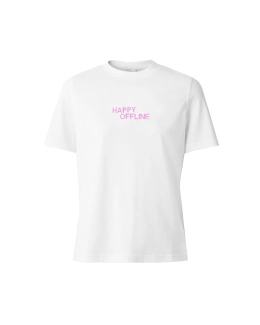 Quillattire White Happy Offline Embroidered T Shirt