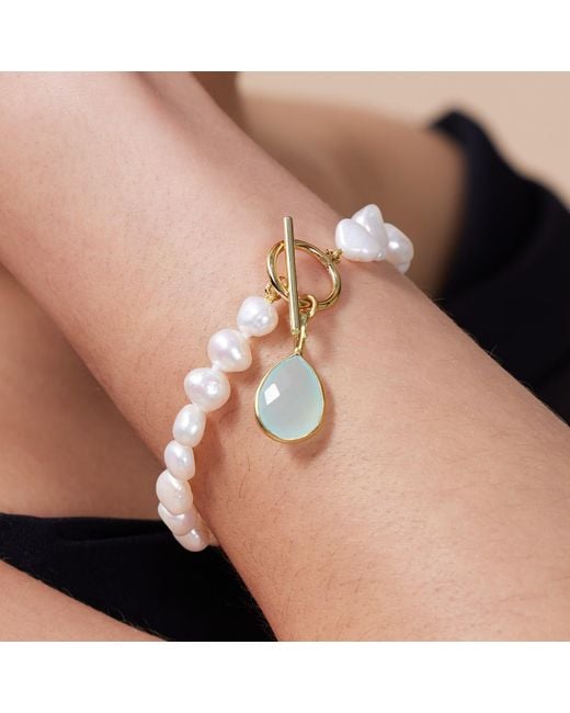 Pearls of the Orient Online Metallic Clara Irregular Cultured Freshwater Pearl Bracelet With An Aqua Chalcedony Drop Pendant