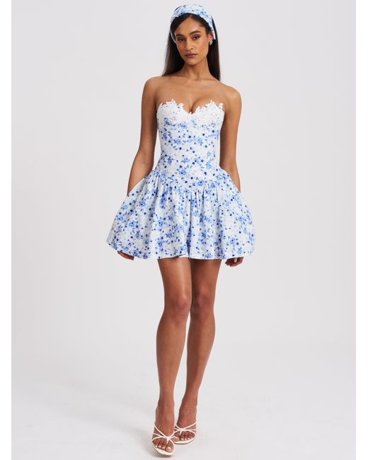 Miss Circle New York Blue Taleah Floral Print Linen Mini Dress With Lace Trim
