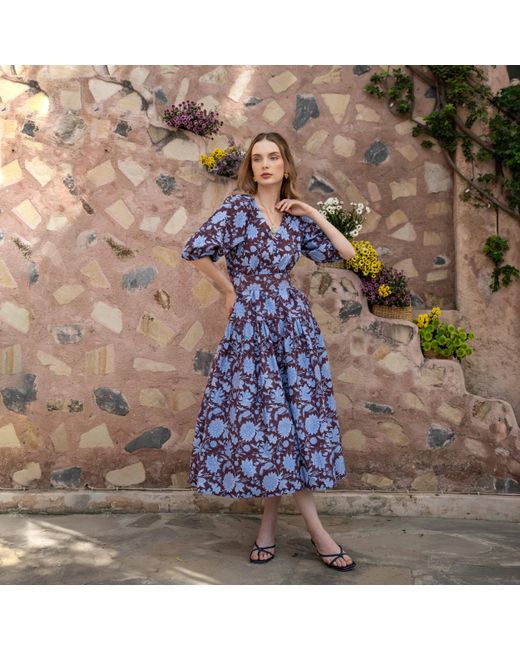 Echo of Pink Blue Elodie Hand Block Print Cotton Drop Waist Dress